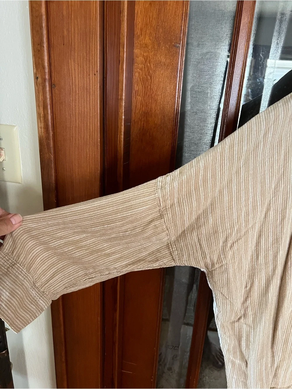 Oversized American Eagle Outfitters Two-Tone Beige Stripe Button-Up Shirt - Picture 3 of 12